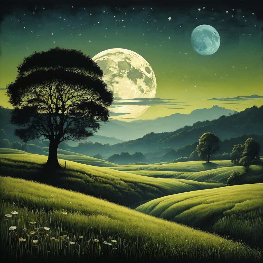 Steampunk Moon Over Meadow in Textile Art