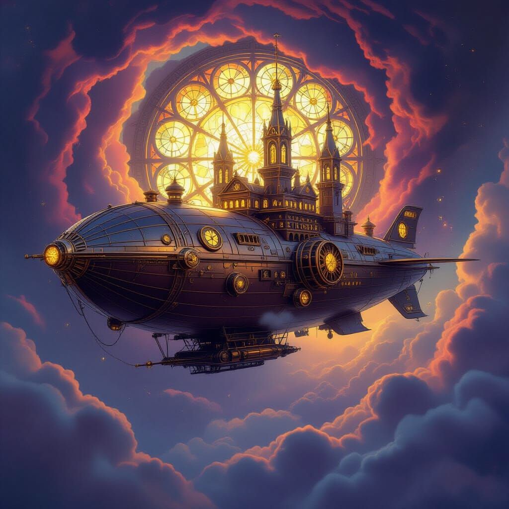 Steampunk Cathedral Airship Soaring Through Cosmic Vortex