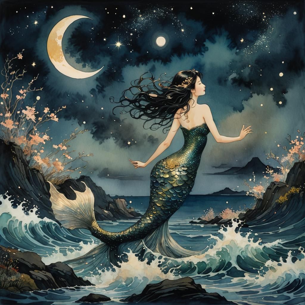 Mythical Mermaid in Tachisme Style Moonlight Ocean