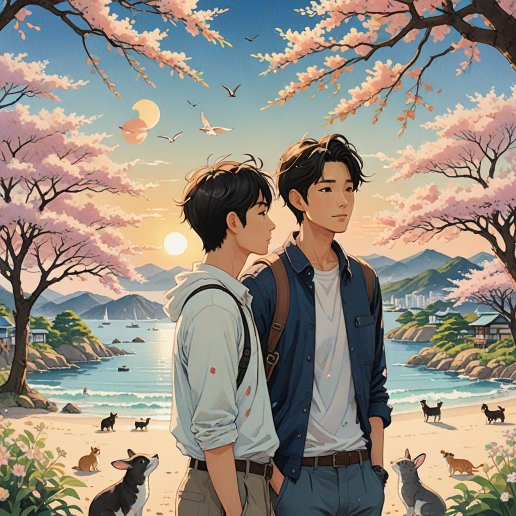 Tender Beach Moment with Two Handsome College Boys Under Sak...