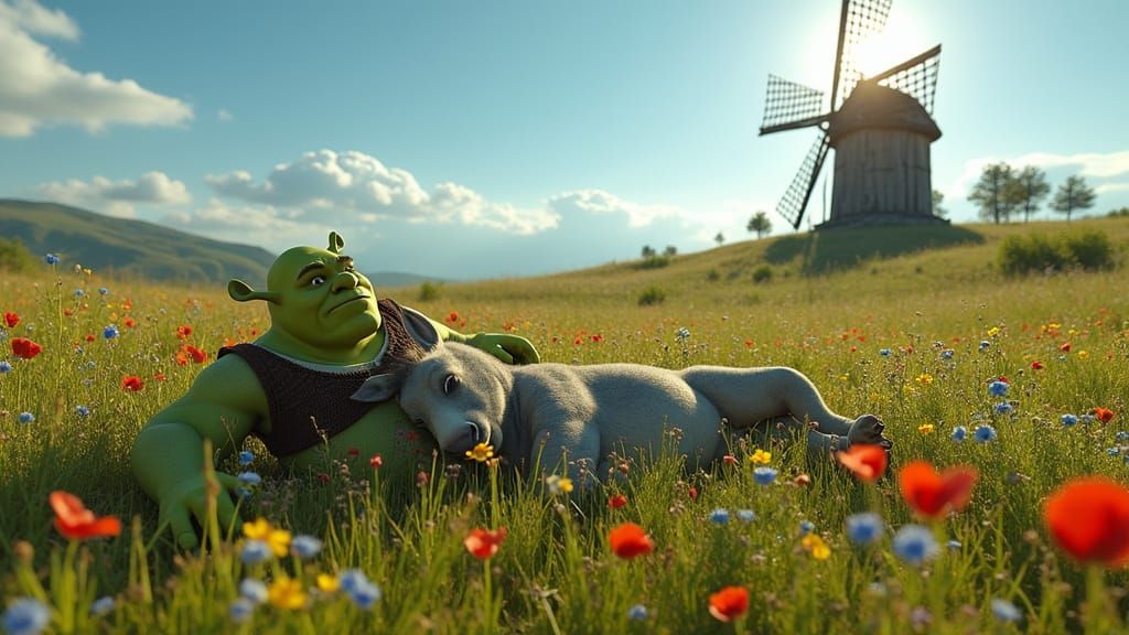 Ogre and Donkey in a Vibrant Meadow Landscape