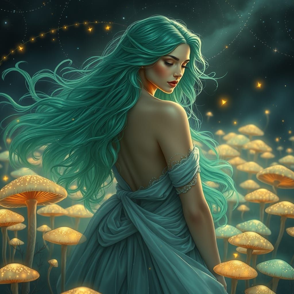 Goddess Amidst Glowing Mushrooms in Whimsical Art Nouveau St...