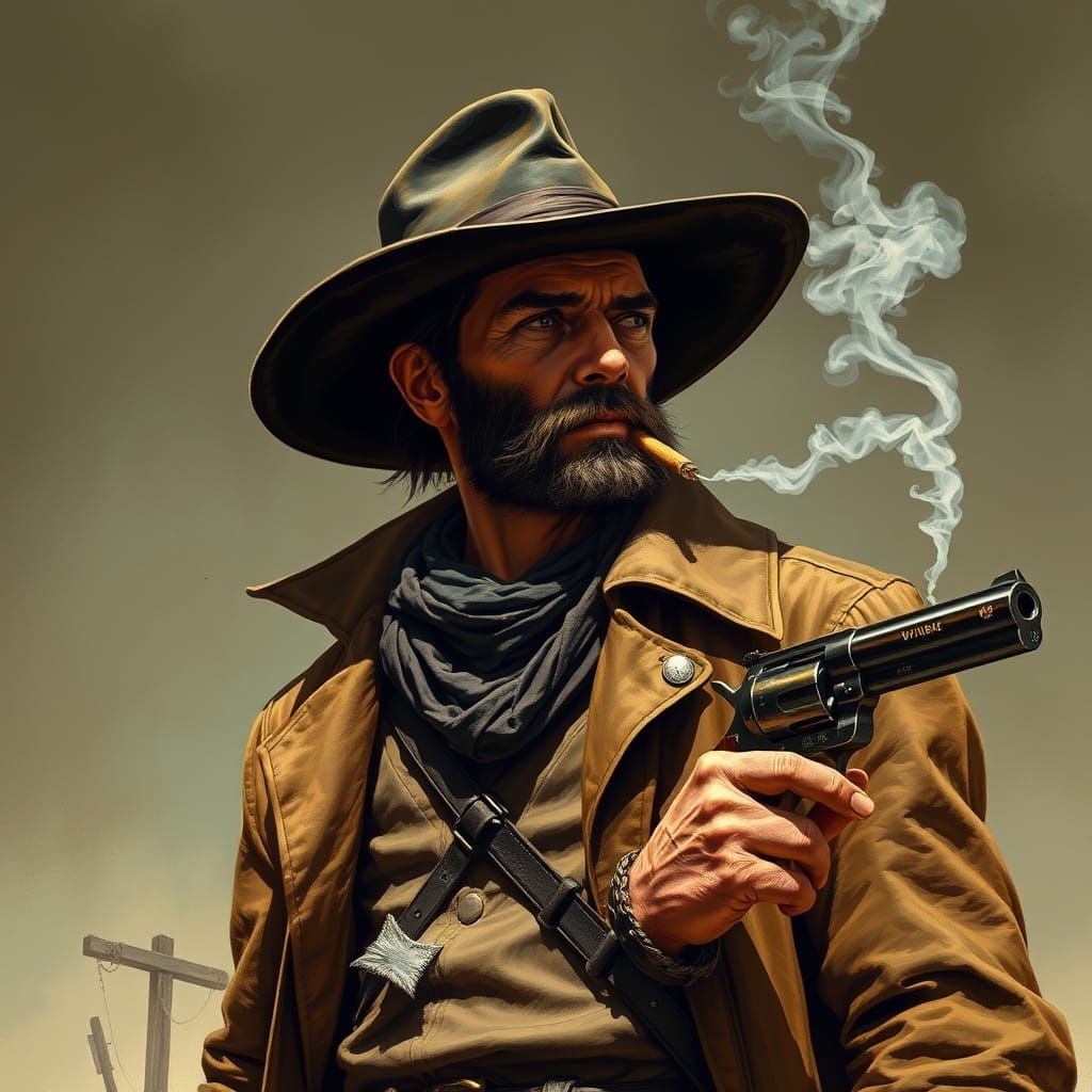 Weathered Gunslinger Puffs Cigarette After Duel, Revolver St...