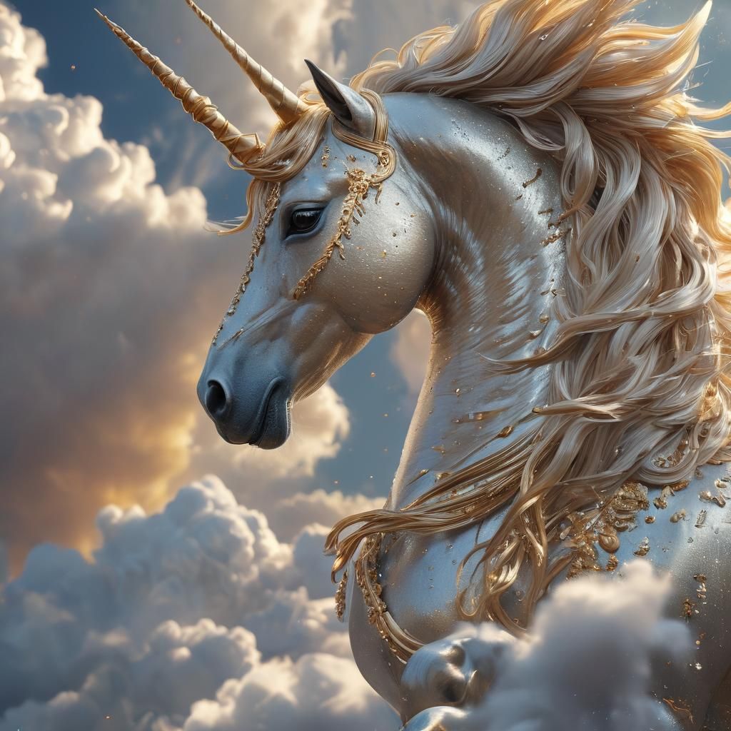 Golden Unicorn on Silver Cloud: Fantasy Art