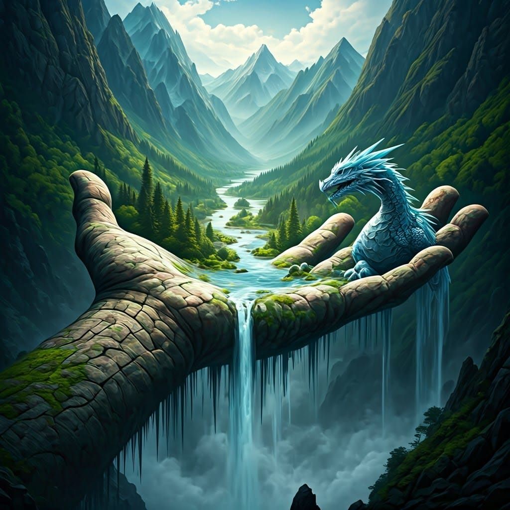 Majestic Stone Hand with Fantasy Landscape and Dragon