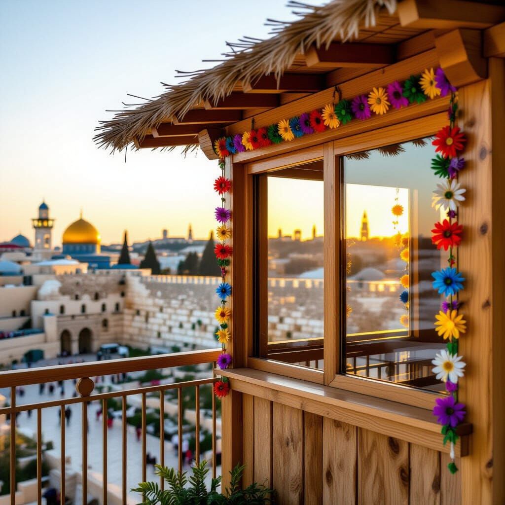 Beautiful Sukkah on Balcony Near Western Wall at Golden Hour