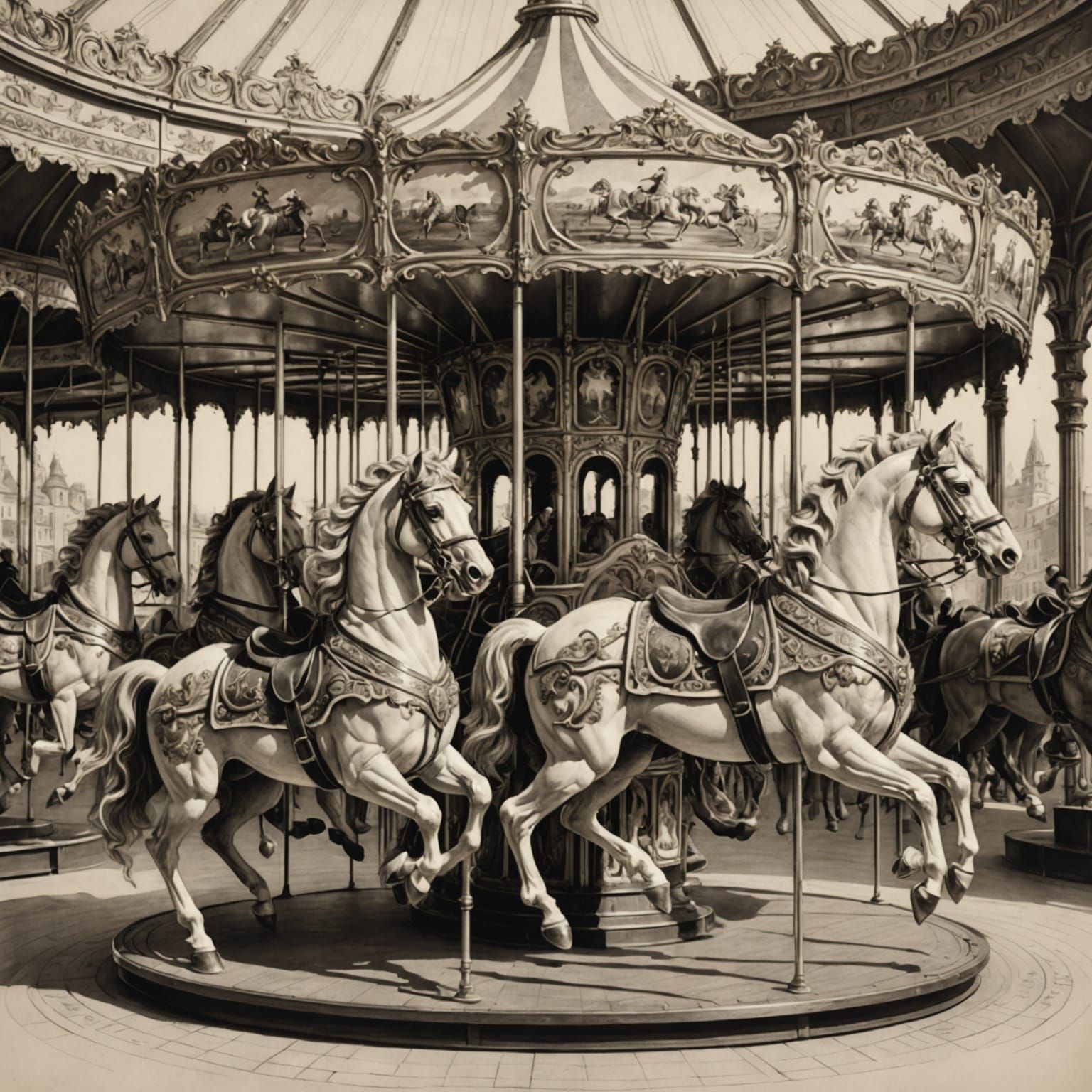 Pencil Sketch of Ornate Carousel Horses in Elegant Motion