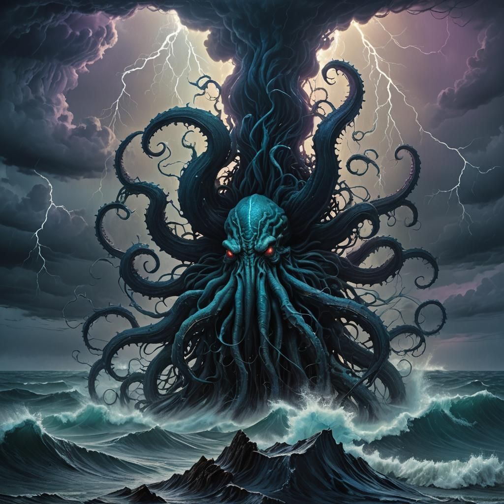 Glowing Cthulhu Emerges from Dark Ocean Depths in Cyberpunk ...