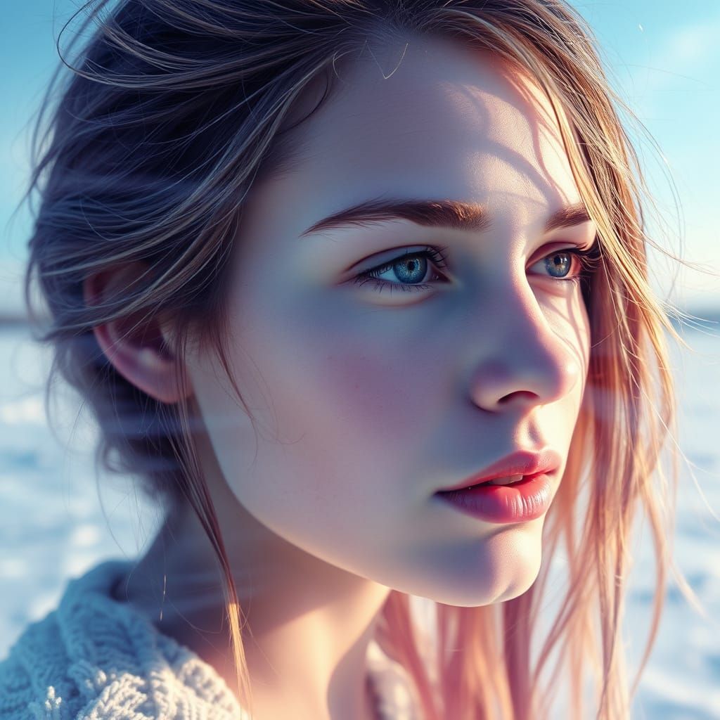 Ethereal Winter Beach Portrait in Vibrant Hyperrealism