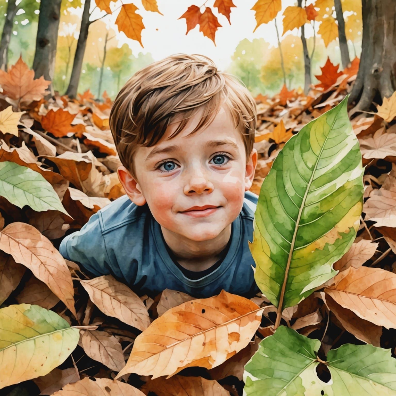 Child Emerges from Leaves in Watercolor Style