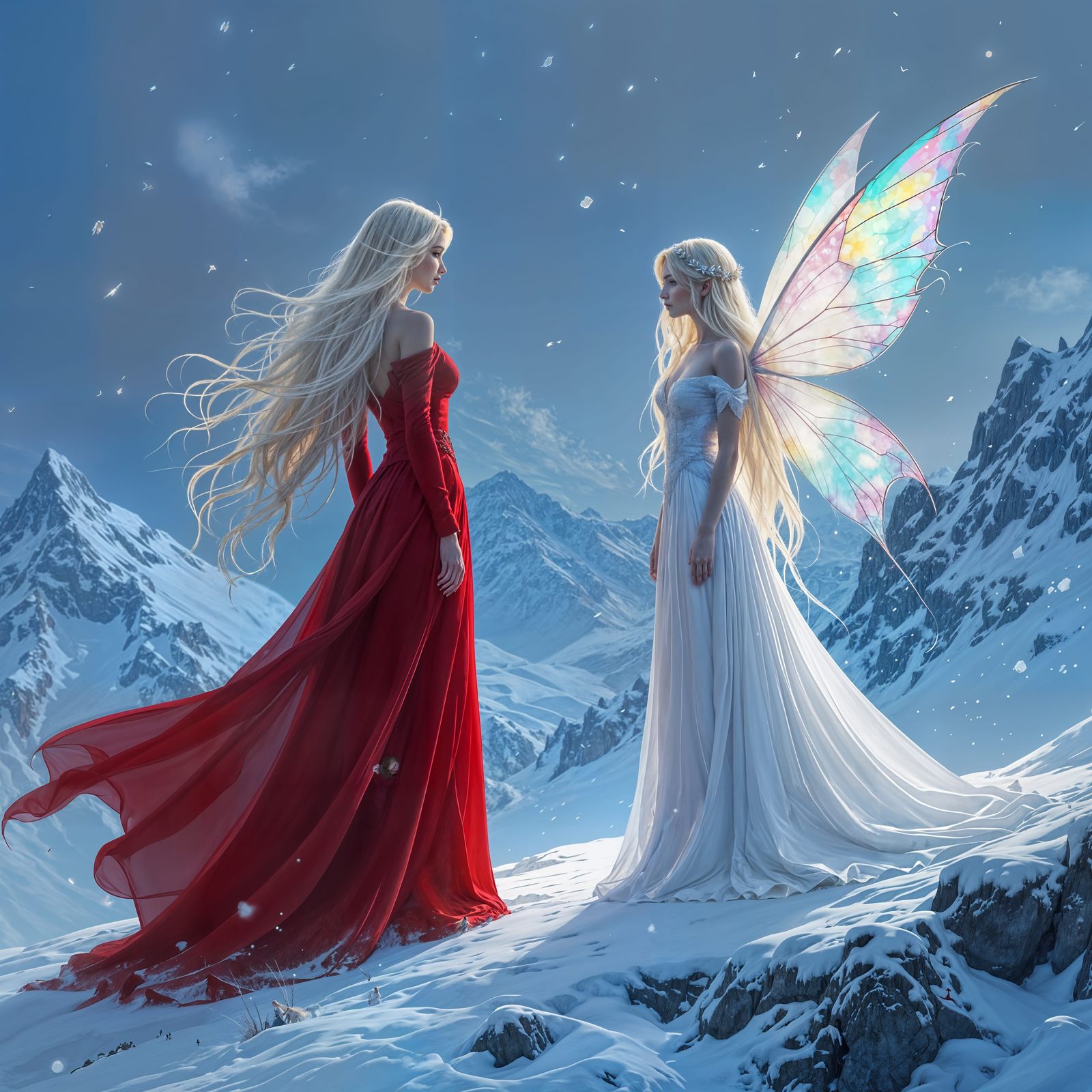 Evil Woman Confronts Good Fairy on Snowy Mountain