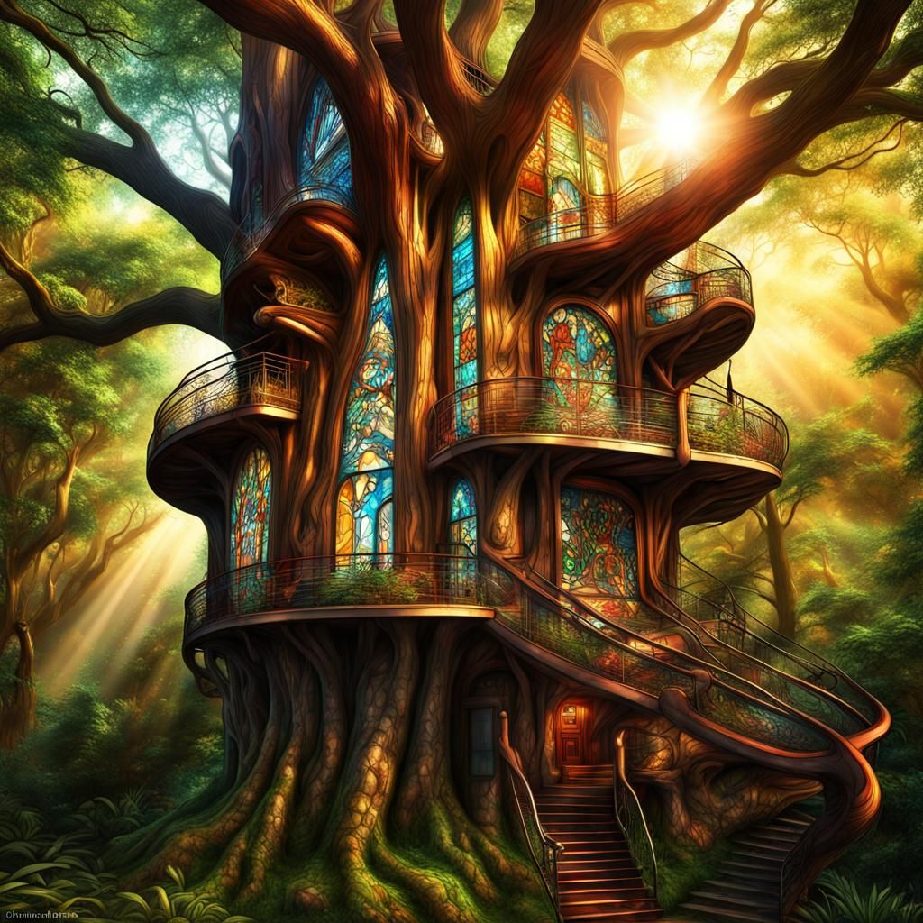 Futuristic Treehouse Temple with Stained Glass
