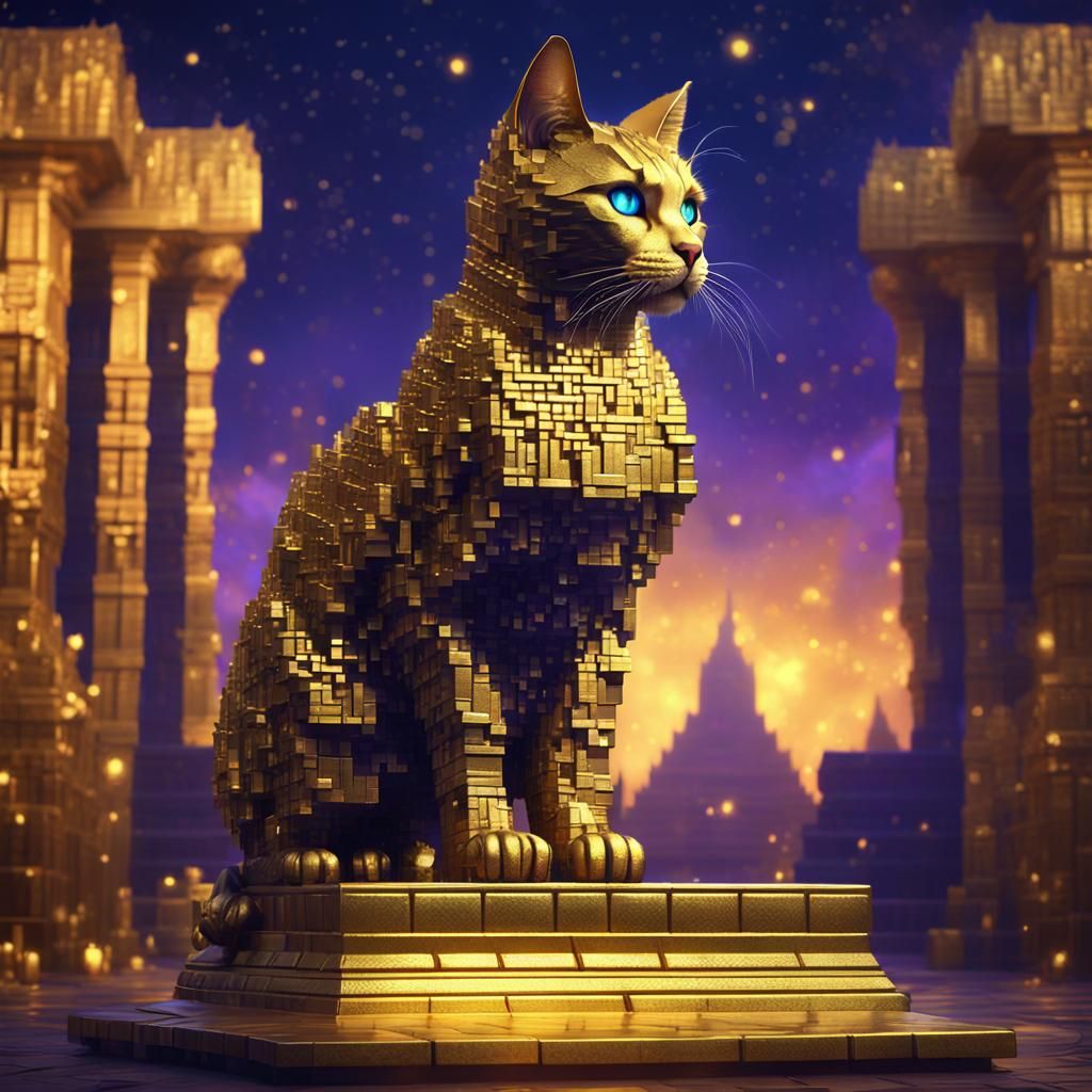 Golden Cubes Cat in Mystical Temple: Fantasy Art