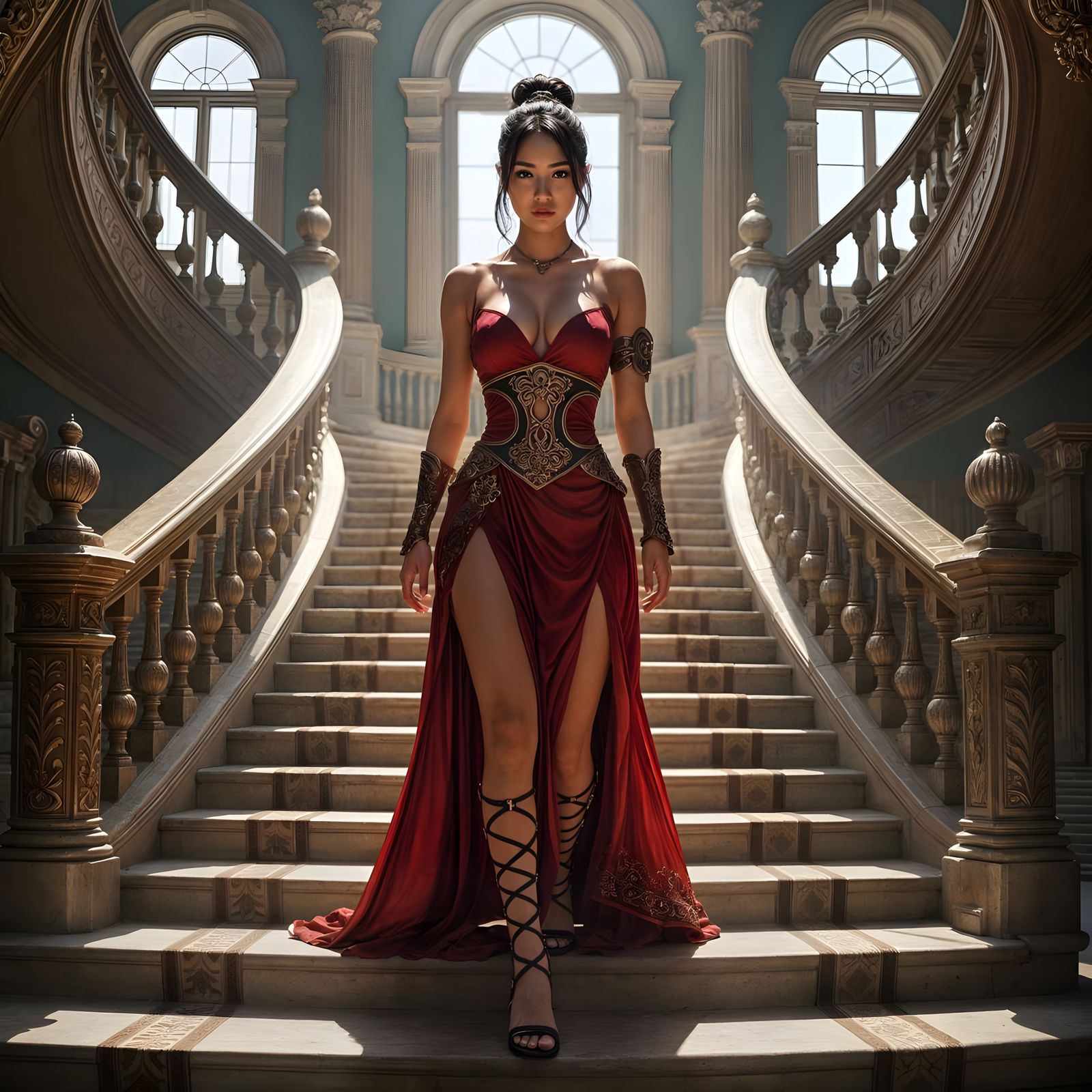 Asian Woman in Red Dress Enters Ornate Palace
