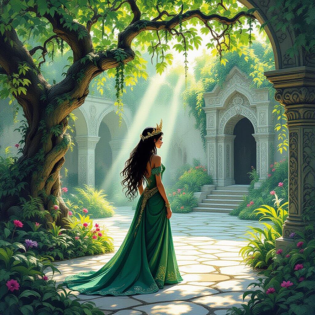 Mystical Queen in Lush Courtyard: Whimsical Art