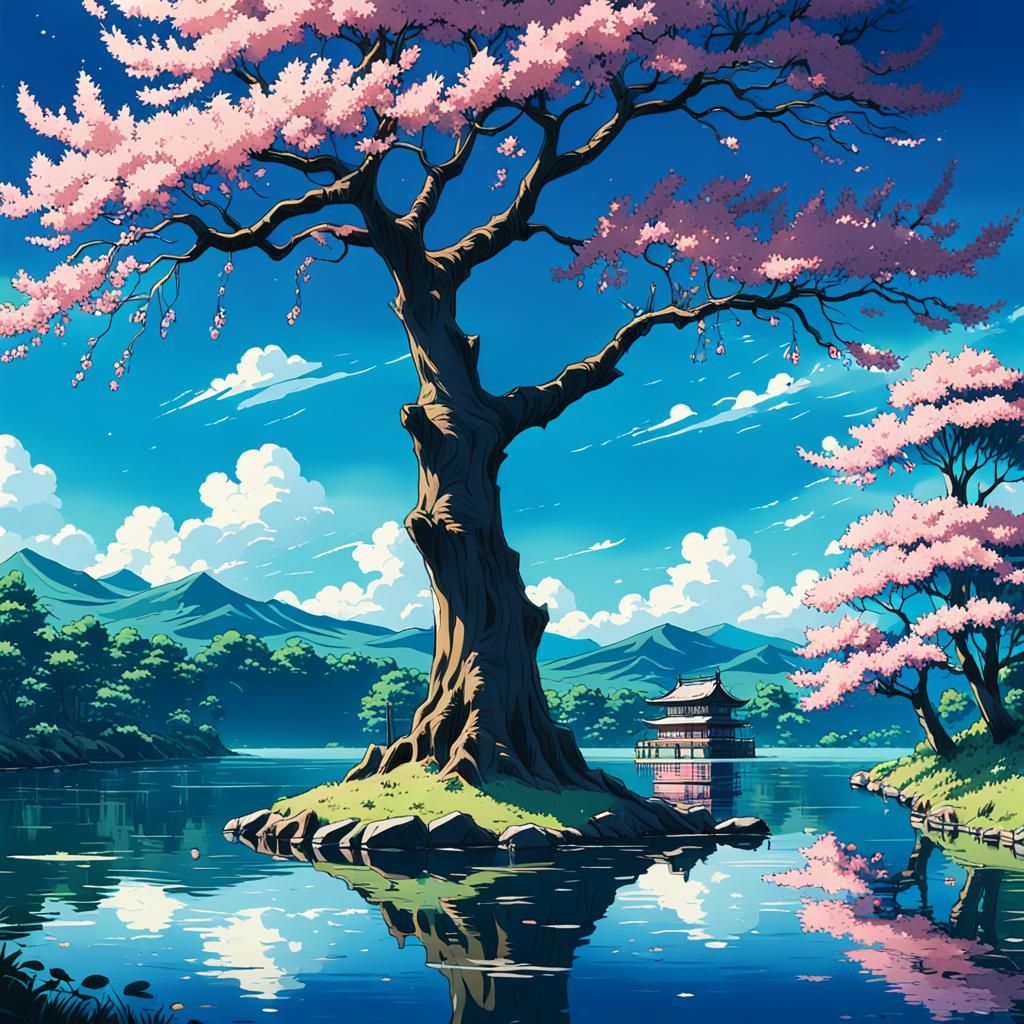 Cherry Tree in Lake: Studio Ghibli Anime Visual