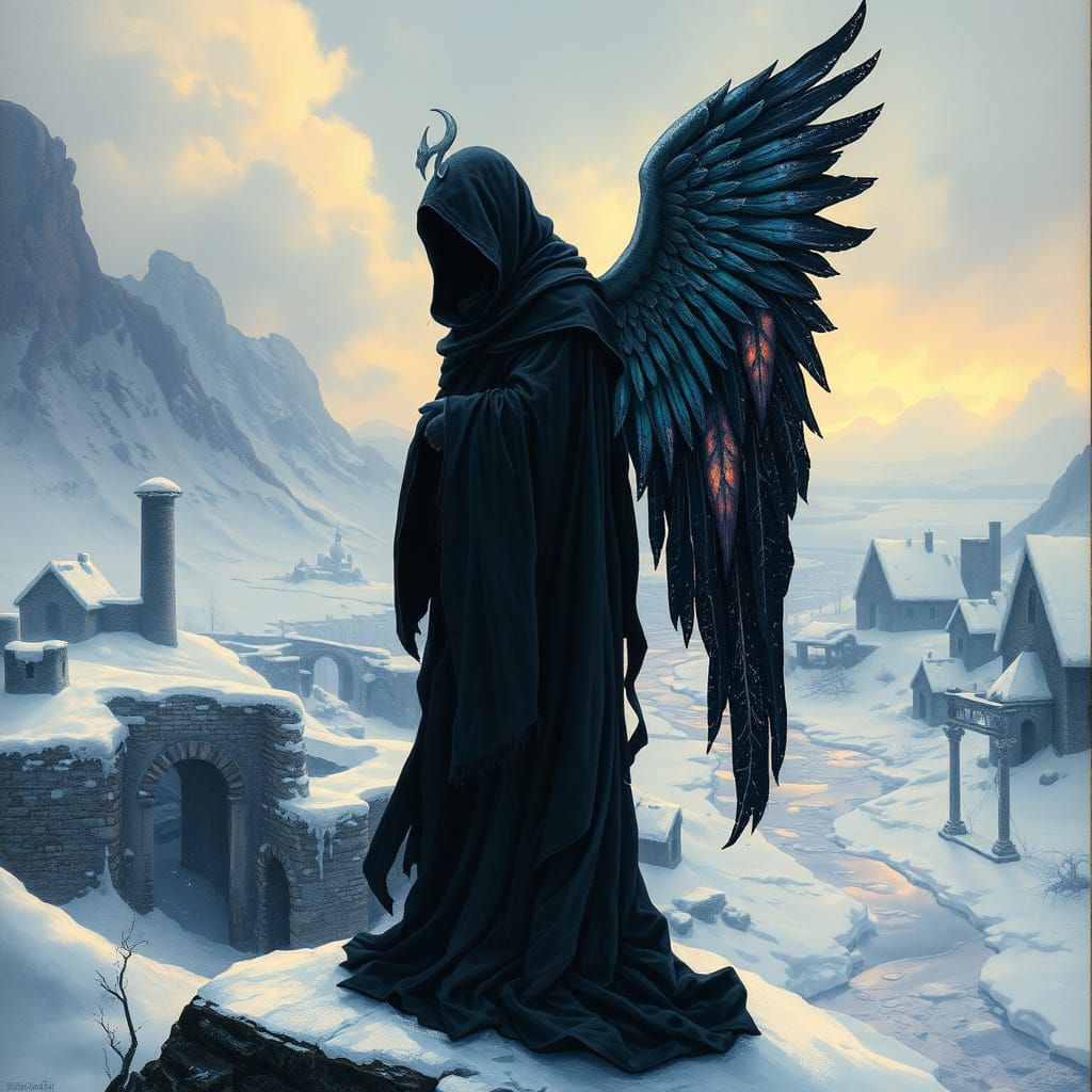 Spectral Angel Guards Winter Ruins in Gothic Style