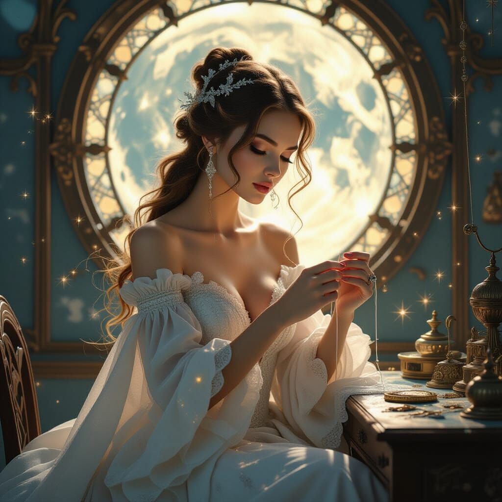 Celestial Seamstress Creates Moonlight Gown in Art Nouveau S...