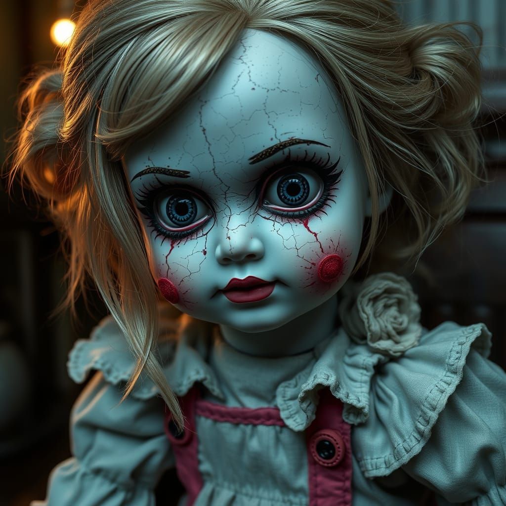 Haunted Doll in Asylum with Cracked Face