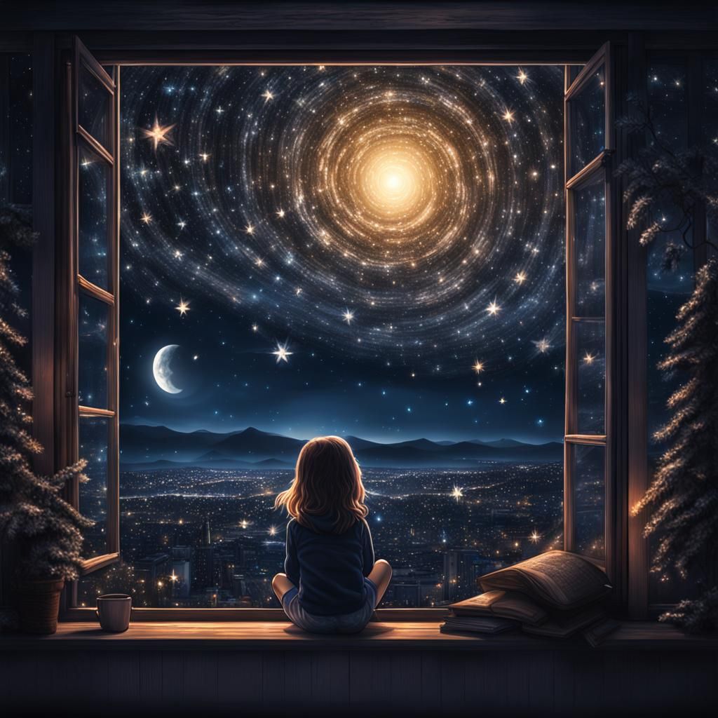 Girl Star Watching at Night: Hyperrealistic Image