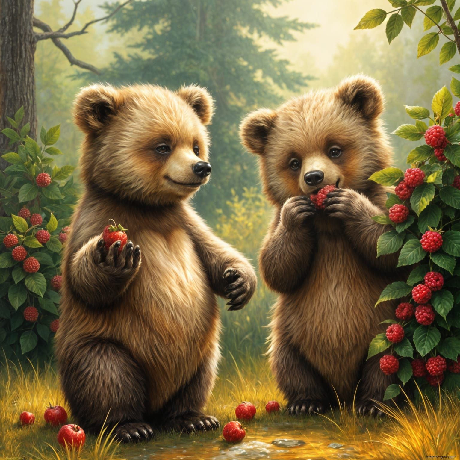 Cute bears eating berries