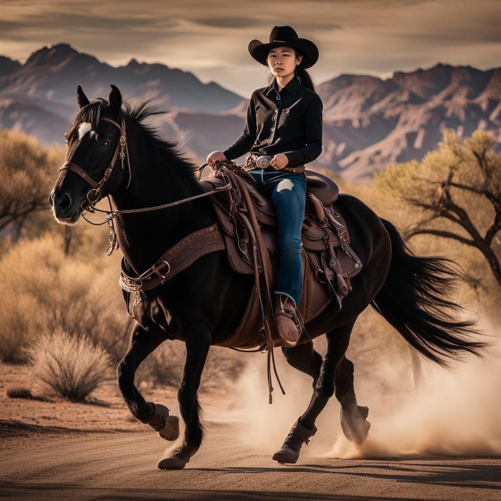 Korean cowgirl dressed all in black, pants, boots, in American Old West, rides her dark brown Mustang through Arizona.