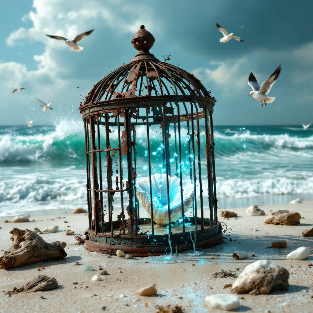 Bioluminescent Conch in Rusted Birdcage on Windswept Shore