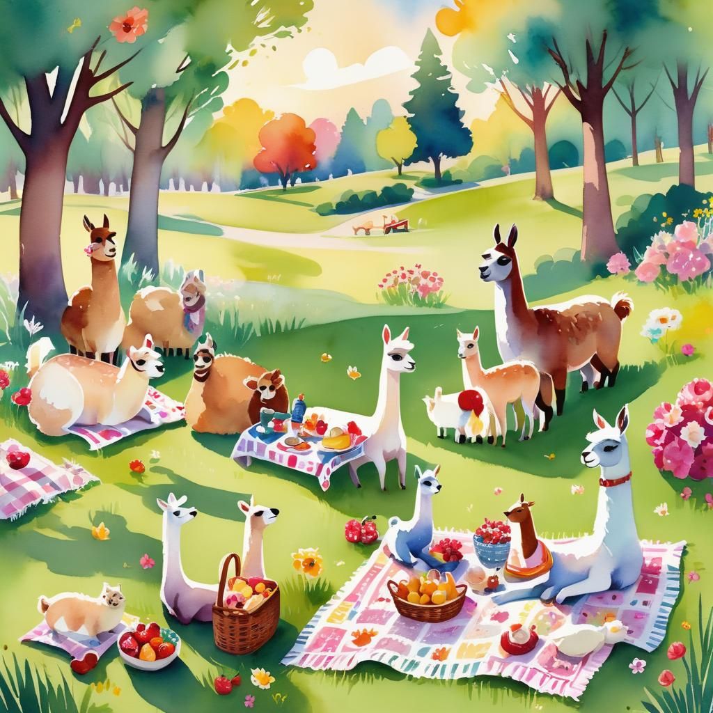 Llama Family Picnic in Disney-Inspired Watercolor Illustrati...