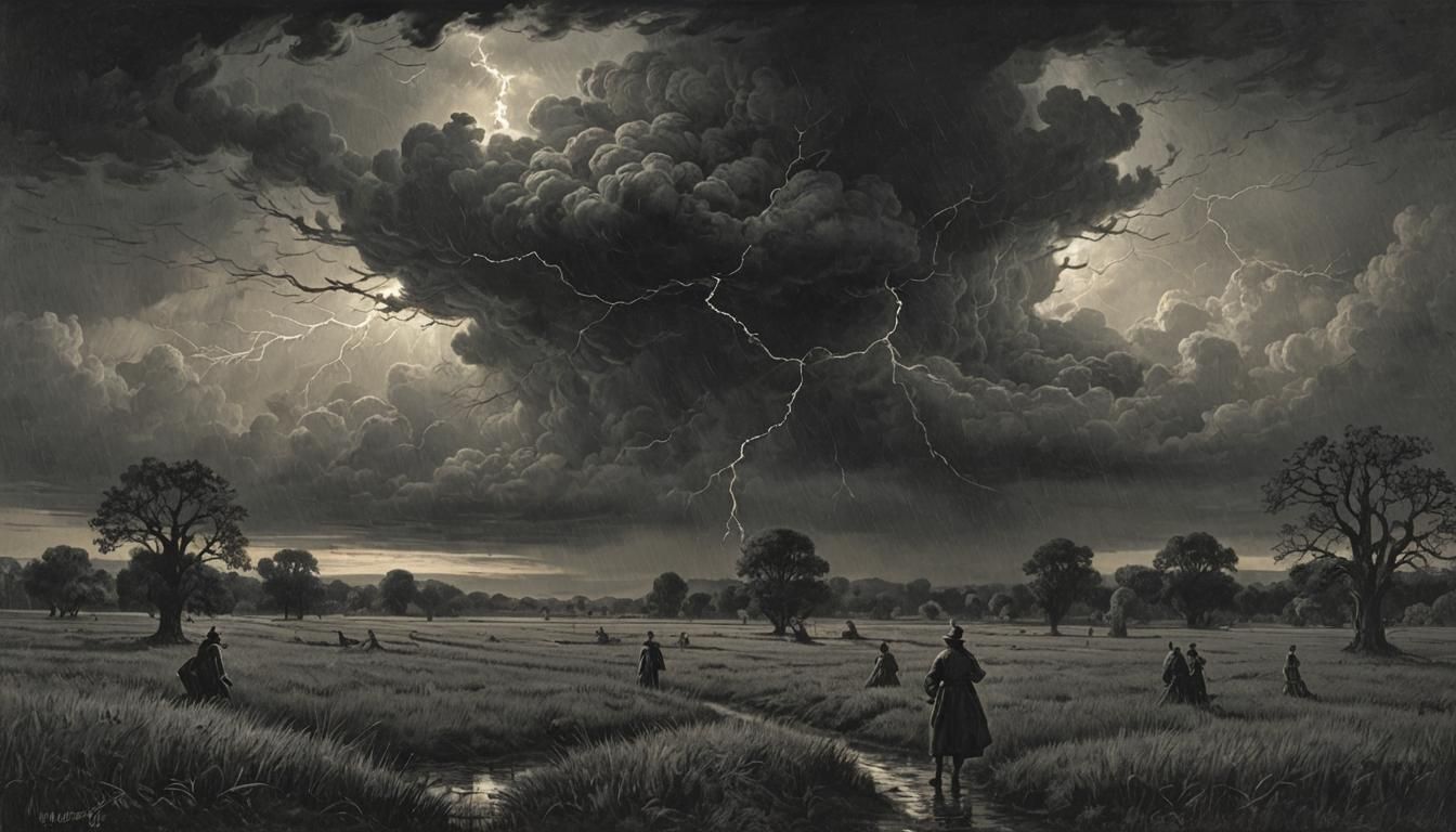 Dramatic Stormscape Over Calm Field in Dark Romantic Style