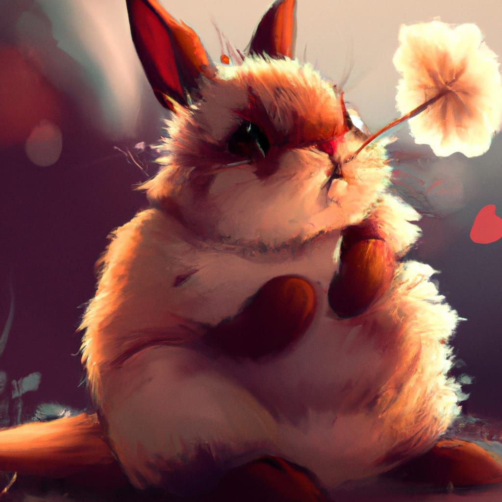 Cute Fluffy Rabbit with Flower in Digital Art