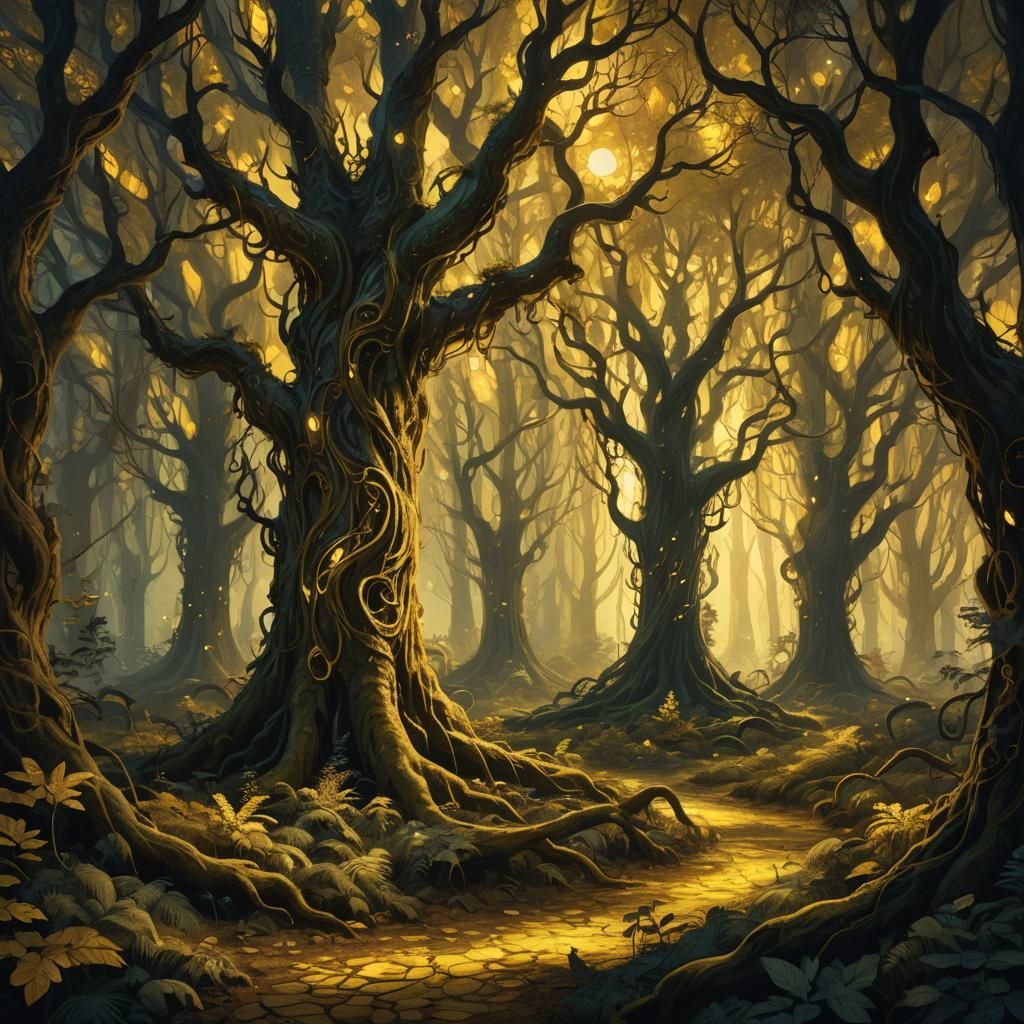 Golden Night in Mystical Forest: Fantasy Concept Art