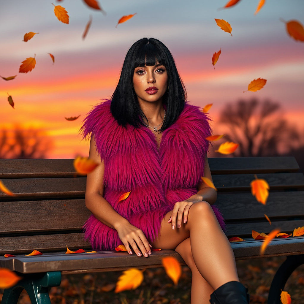 Woman in Cyberpunk Fur Vest at Sunset