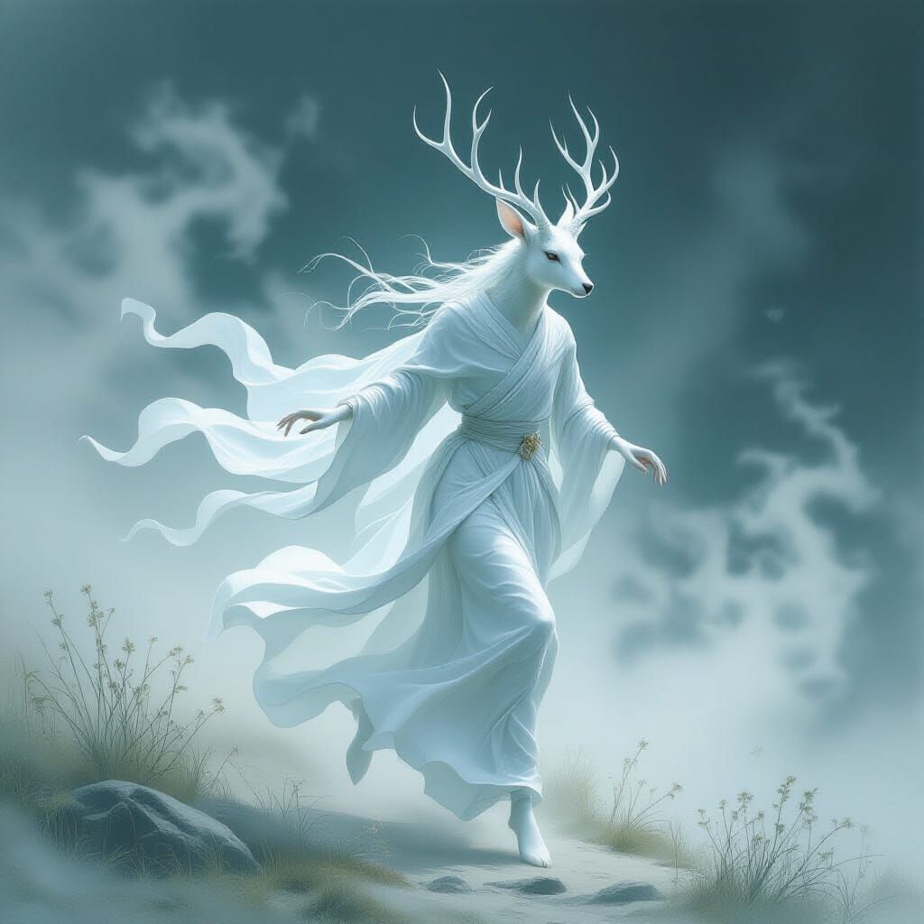 Ethereal Fog Deer Genie Runs in Misty Landscape