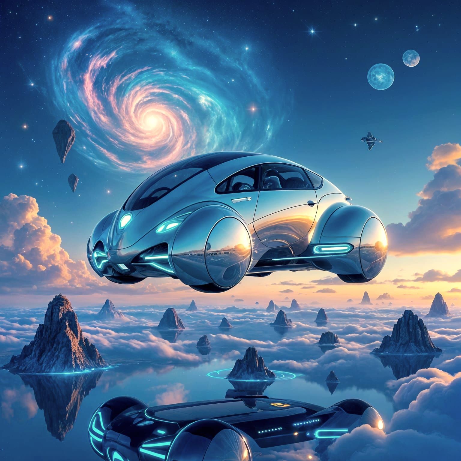 Futuristic Chrome Beetle Hovers Over Floating Islands