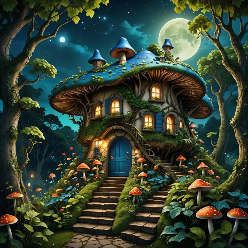 A mushroom house with blue roof, green door, and stairs, in a natural setting with green ivy and trees