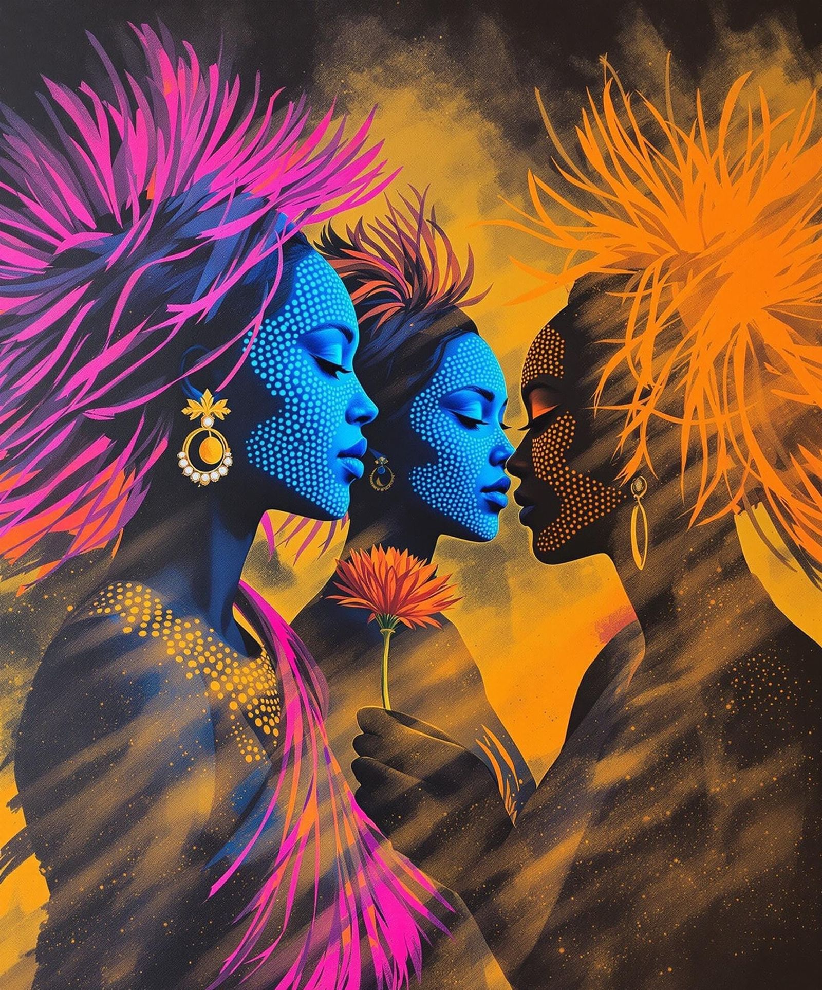Wodaabe Maidens in Vibrant Neon Gouache Style