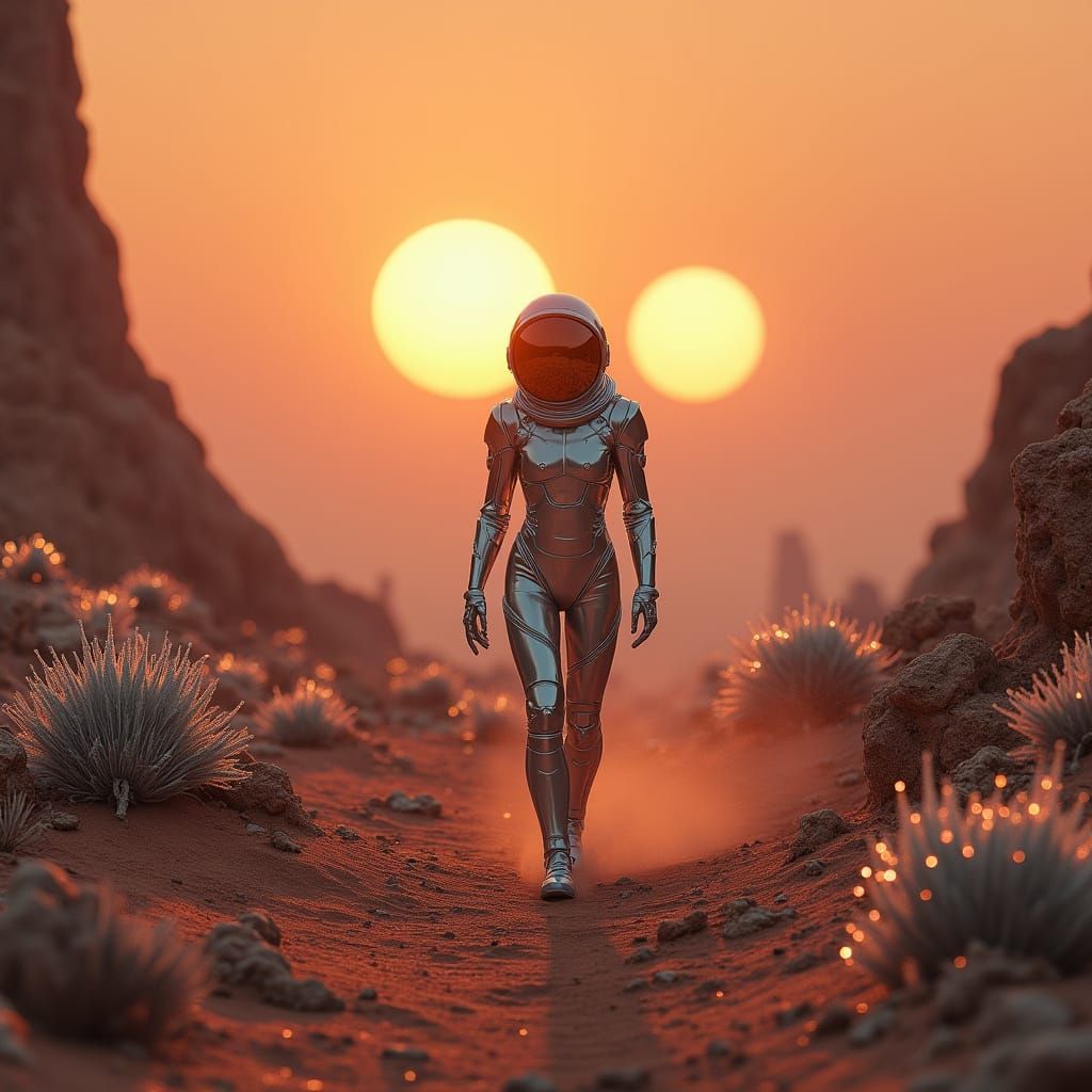 Space Explorer on Alien Planet at Sunset