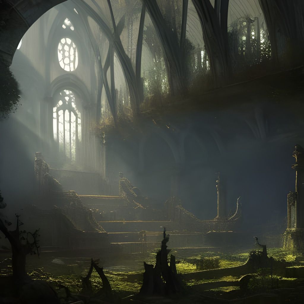 Elven Palace Ruins with Butterflies: Dark Fantasy Art