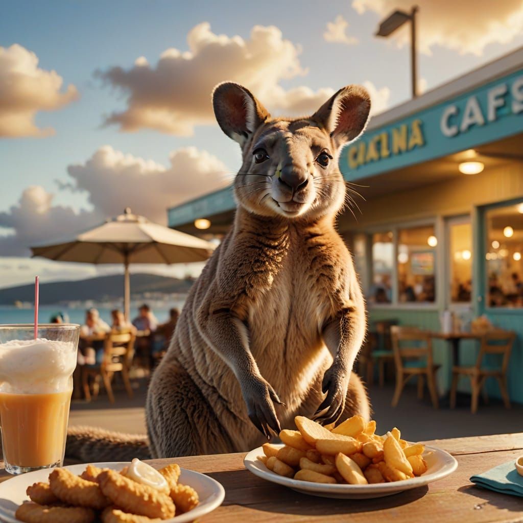 Skippy the Bush Kangaroo Savoring Seaside Treats in Colorful...