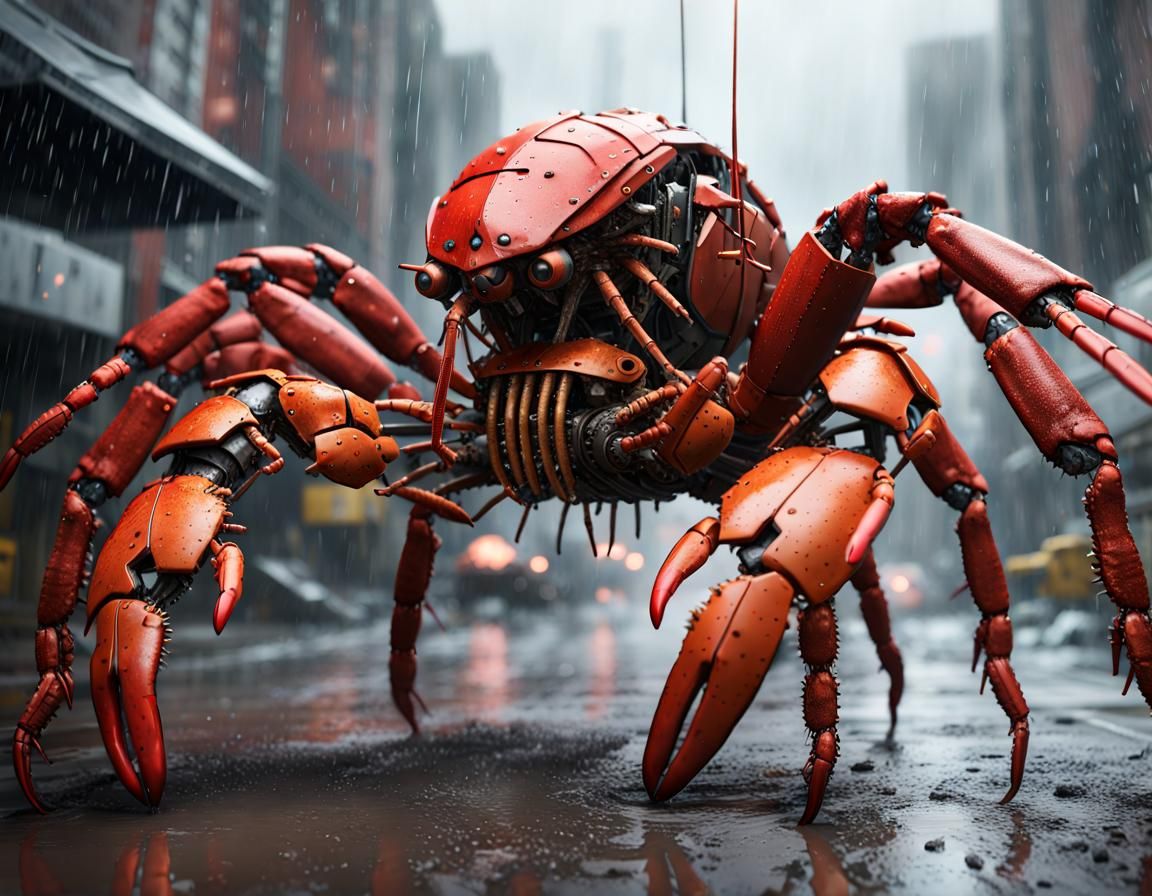 Futuristic Lobster Tarantula Mech in the Rain