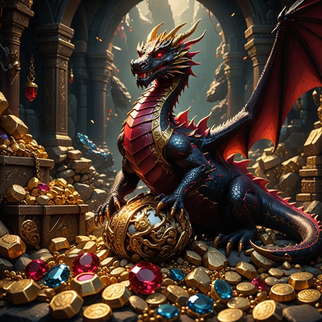 Glowing Ruby Dragon Surrounded by Treasure