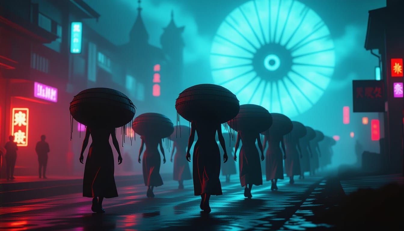 Townspeople United: A Bioluminescent, Surreal Scene