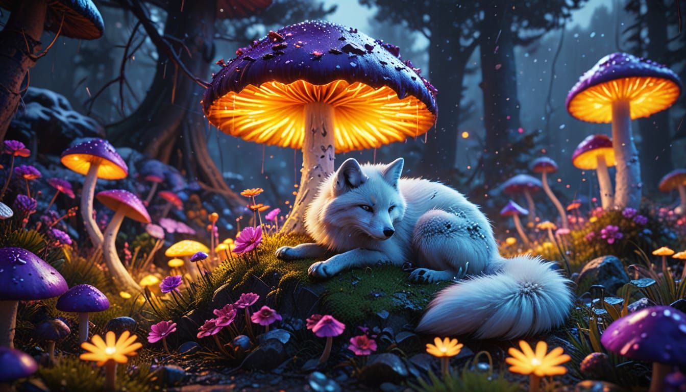 Surreal Arctic Fox in Vibrant Flower Garden