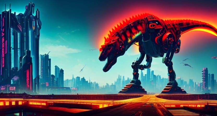 Cyberpunk Robot Dinosaur in Neon Cityscape