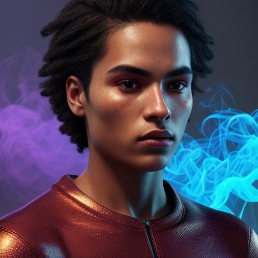 Elegant Brazilian Man with Swirling Atoms in Hyper-Realistic...