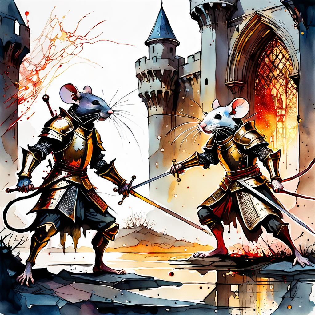 Anthropomorphic Mice Knights Fight in Watercolor Style