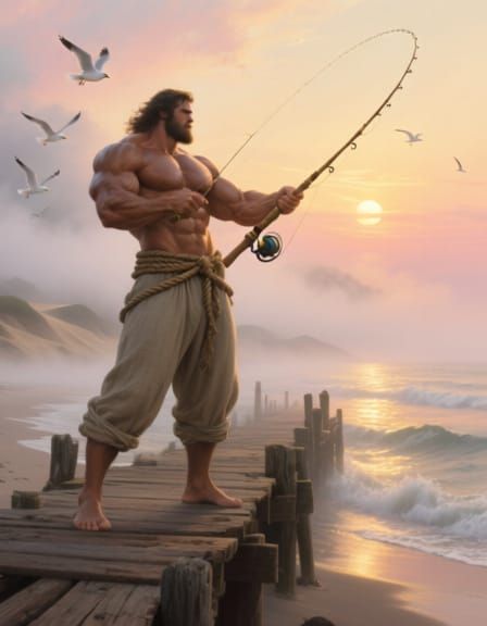 Hyper-Muscular Fisherman Casts Rod at Dawn