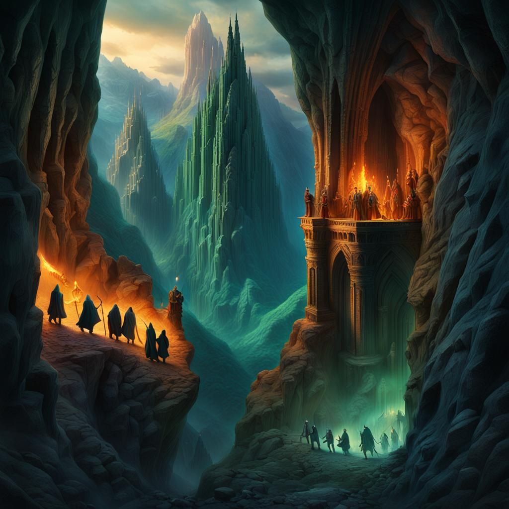 Epic Gothic Mountain Cave Scene with Robed Figures