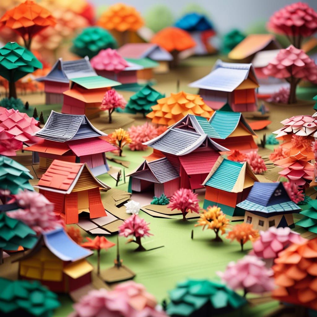 Colorful Origami Papercraft Japanese Village