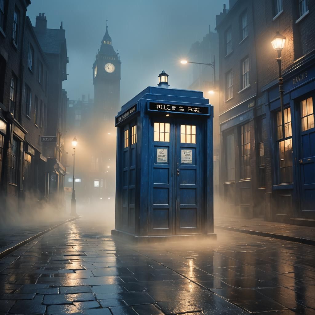 Retro Sci-Fi Police Box in Foggy City